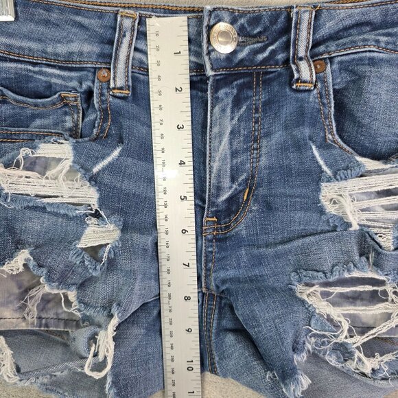 Womens American Eagle Outfitters Blue Denim Midi Shorts Distressed Stretch 6 - Picture 6 of 10